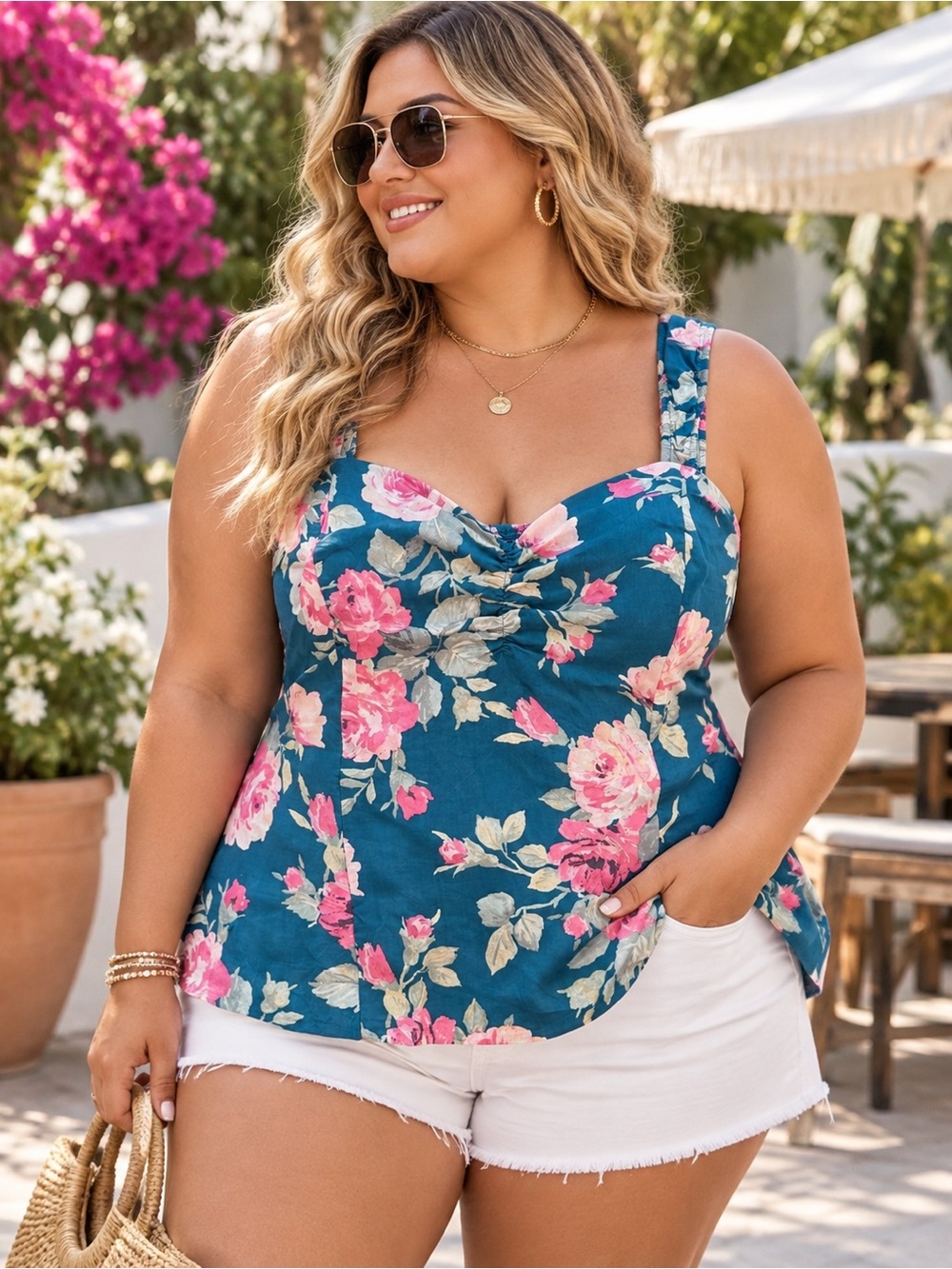 Torrid Teal Blue Pink Floral Sweetheart Smocked Back Tank Top Plus Size XXL 2XL